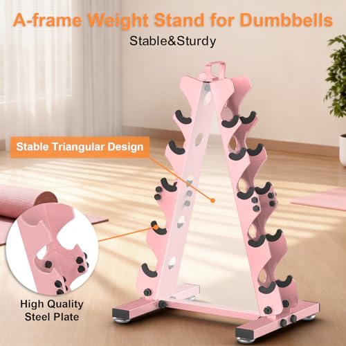 TomCare 6-Tier|5-Tier|4-Tier|2-Tier Dumbbell Rack Stand Only for Home Gym | Stable A-Frame, Fits 5–35 lb Dumbbells, Protective Padded Cradles, Adjustable Feet, Easy-Carry Handle (Stand Only) - color: Pink, size: 5 Tier