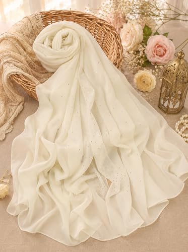 Chiffon Hijab Scarf for Women, Rhinestone Pearl Muslim Head Scarf, Lightweight Shawl Wrap - color: Beige