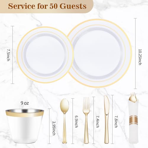 BESTVIP 350PCS Gold Plastic Dinnerware Set, Disposable Party Plates for 50 Guests, Include: 100 Plastic Plates, 50 Pre Rolled Napkins with Gold Silverware, 50 Cups - color: Gold, size: 50 Guests