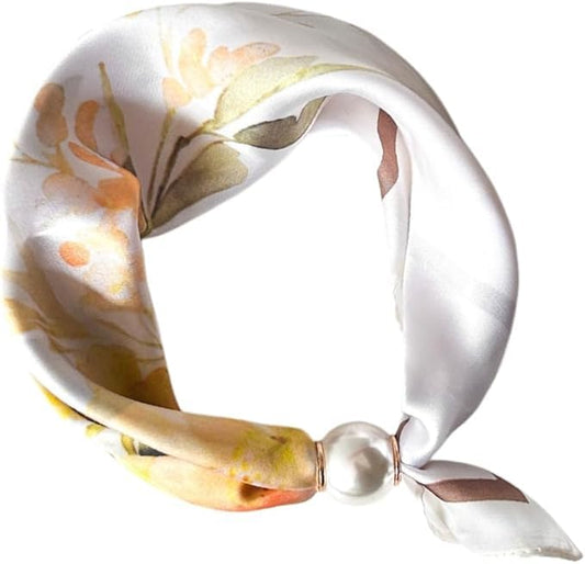 Women’s Silk Pearl magnetic buckle Scarf with Charm Buckle Satin Square Scarf for Neck Retro Floral Print，hair band - color: 01-117