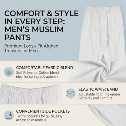 HEEPDD Men Muslim Prayer Pants, Cotton Loose Afghan Trousers with Elastic Waistband, White, XL - size: 46