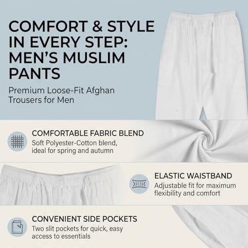 HEEPDD Men's Muslim Pants Loose Fit Cotton Drawstring Elastic Waist Casual Bottoms for Daily Wear White - size: 44