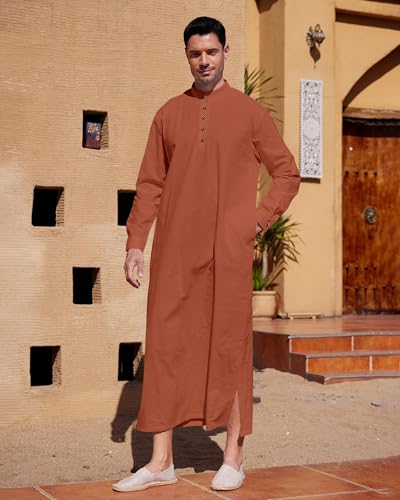 YAOHUOLE Muslim Thobe for Men Button down Mens Caftans Big and Tall Mens Arab Thobe with Pocket - color: Brick Red, size: Medium