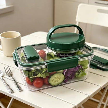 Salad Jar, Portable Salad Container with Leakproof 4 Sauce Cups and Utensil Storage for Lunch Picnic Family Gatherings (Rectangle)