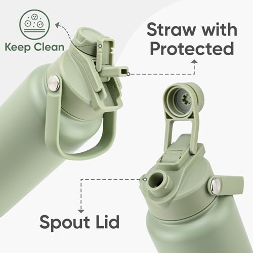 KEWIXY 24 oz Insulated Water Bottle, 2-in-1 Lid, Straw & Spout with Protected, Leak Proof, Keep Cold, Stainless Steel, Metal, Reusable, Handle, for Travel, Gym and School, 2 Lids, Sage Green - color: Sage Green, size: 24 Ounces