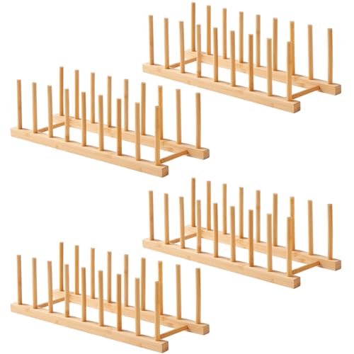 4 PCS Bamboo Dish Drying Rack, Pot Lid Plate Organizer Holder for Cabinet | Wood Cutting Board Organizer,Plate Rack Kitchen Cabinet Organizer for Dish, Pots, Lids, Bowls, Bottles, Books, and Puzzle - color: Bamboo 8 Slots 4pcs
