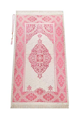 ihvan online Muslim Prayer Rug with 99 Beads Tasbih, Soft Chenille Sajadah, Lightweight & Foldable Janamaz, Portable Travel Prayer Mat, Islamic Gift for Eid, Ramadan, Hajj & Umrah, Fuchsia - color: Fuchsia