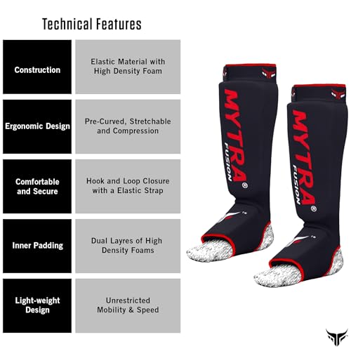 Mytra Fusion Shin Pads Instep Protector Kick Boxing Muay Thai Training Elasticated shin Guards - color: Black, size: Small-Medium
