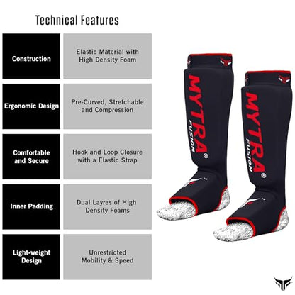 Mytra Fusion Shin Pads Instep Protector Kick Boxing Muay Thai Training Elasticated shin Guards - color: Black, size: Small-Medium