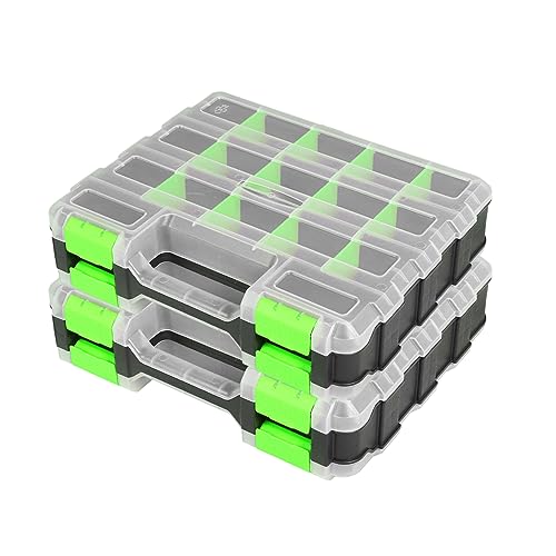 Tool Box with Transparent Lid, Double Side 34-Compartments Organizer Box with Removable Dividers for Hardware, Screws, Bolts, Nails, Beads, Jewelry and Fishing Accessories, Green, 2 Packs - color: Green, size: 2 PACK