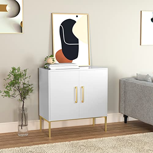 Buffet Sideboard Cabinet with Storage, Modern Wooden Cabinet with Adjustable Shelves, White and Gold Cabinets for Living Room, Kitchen, Hallway