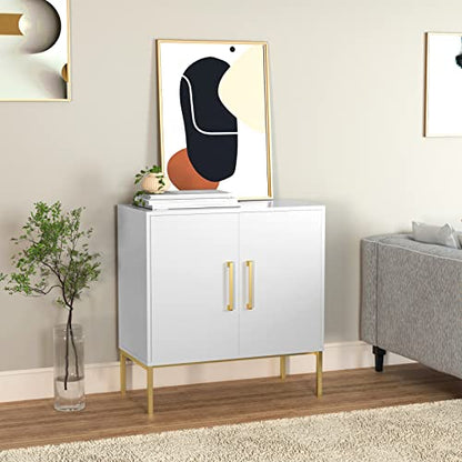 Buffet Sideboard Cabinet with Storage, Modern Wooden Cabinet with Adjustable Shelves, White and Gold Cabinets for Living Room, Kitchen, Hallway