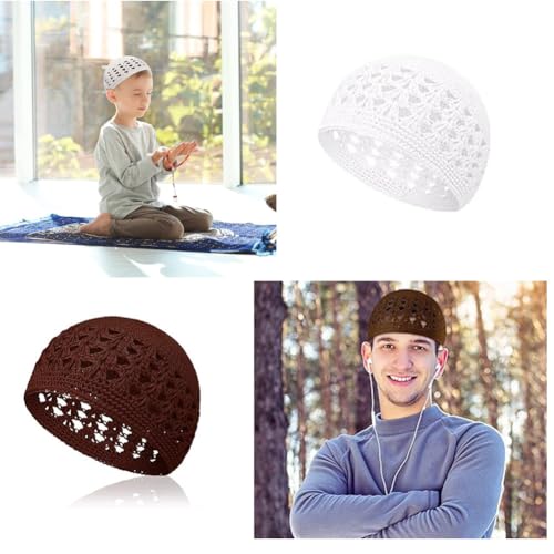3pcs Knit Kufi Hats for Men Muslim Prayer Cap Islamic Ramadan Eid Taqiyah Cap Koofi Topi Beanie Skull Hat Under Hat - color: Brown
