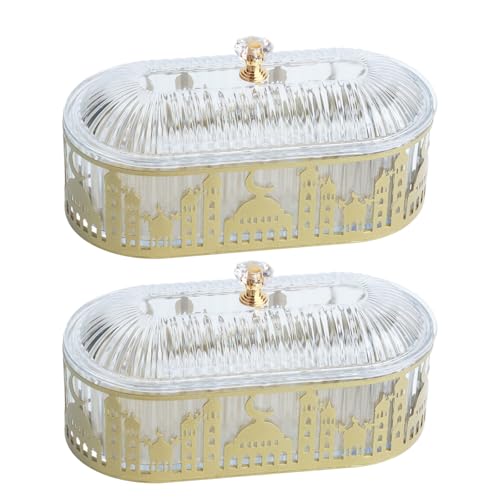 2 Pcs Ramadan Trays with Lid – Metal Gold Tone Ramadan Decoration, Elegant Middle Eastern Design for Eid Celebrations and Festive Gatherings
