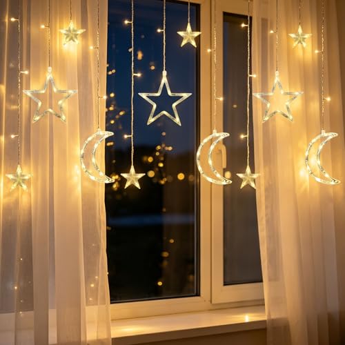 Moon Star Curtain String Lights, 11.5ft 120LED Moon Fairy Lights with USB & Battery Operated(Not Include) 8 Lighting Modes IP65 Waterproof Starry Night Lights for Christmas Ramadan Wedding Birthday - style: Moon Star Curtain Lights