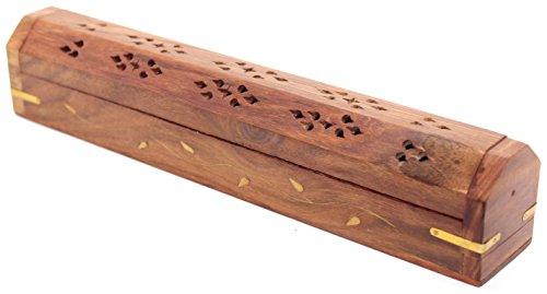 Govinda Wooden Coffin Incense Burner - 12" - Brass Inlays - Storage Compartment - Vines - style: Vines