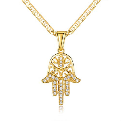 Barzel 18K Gold Plated Flat Mariner/Marina 060 3MM Chain Necklace With Hamsa Hand Pendant