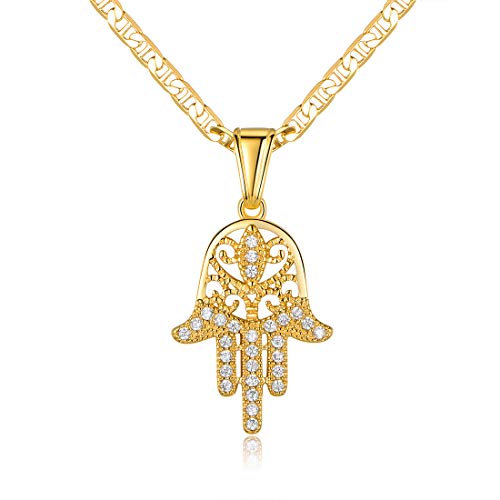 Barzel 18K Gold Plated Flat Mariner/Marina 060 3MM Chain Necklace With Hamsa Hand Pendant