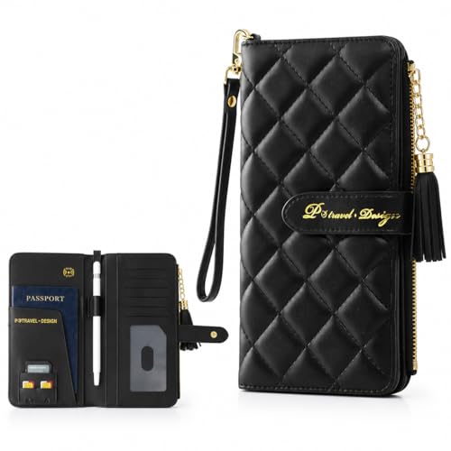 Leather Passport Wallet for Women, RFID Organizer with AirTag & Wristlet - color: Black Ultra