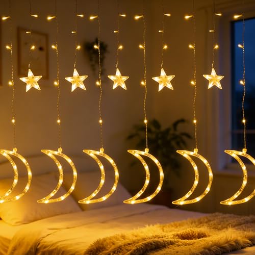 TW SHINE Ramadan Star Moon Curtain String Lights, 138 LED 8.2 FT Star Moon Hanging Lights with 8 Modes and Timer, Waterproof Fairy Lights for Indoor Outdoor Window Holiday Mubarak Ramadan Decorations