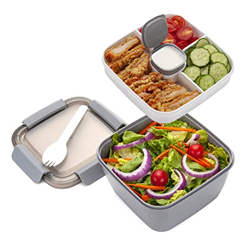 Freshmage Salad Lunch Container To Go, 52-oz Salad Bowls with 3 Compartments, Salad Dressings Container for Salad Toppings, Snacks, Men, Women (Grey) - color: Grey-52oz