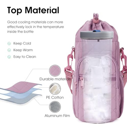 sportsnew 40oz Insulated Crossbody Water Bottle Bag Gym Hiking Phone Pocket | Water-resistant Lining, Padded Strap, Top Handle, Drawstring, Phone Pocket, Elastic Slots, Built-In Key Clip for Gym Walking - color: Quilt Pink