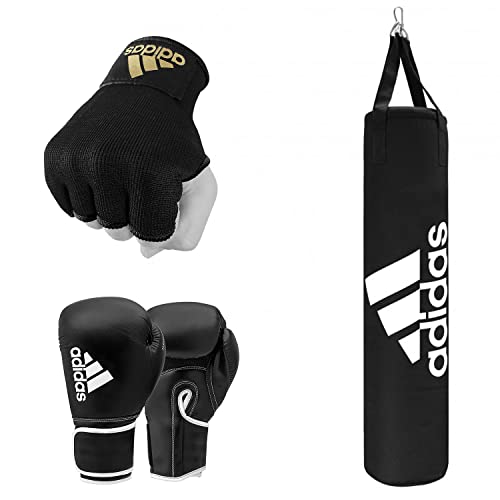 adidas Home Gym Bundle - Home use Heavy Bag (Black White, Black Gold, Black Red / 3ft, 4ft, 5ft) + Hybrid 80 Boxing Gloves (Black White, Black Red, Black Gold / 8oz, 12oz, 16oz) + Protective Inner gloves (Black Gold / Medium) – for Boxing, Training, Fitne