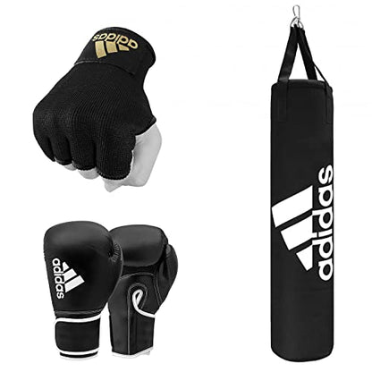 adidas Home Gym Bundle - Home use Heavy Bag (Black White, Black Gold, Black Red / 3ft, 4ft, 5ft) + Hybrid 80 Boxing Gloves (Black White, Black Red, Black Gold / 8oz, 12oz, 16oz) + Protective Inner gloves (Black Gold / Medium) – for Boxing, Training, Fitne