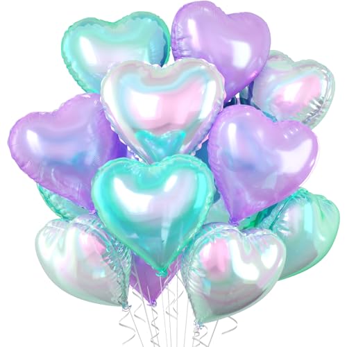 Iridescent Heart Balloons, 10PCS Crystal Foil for Mermaid Birthday Party - color: Iridescent Blue Purple