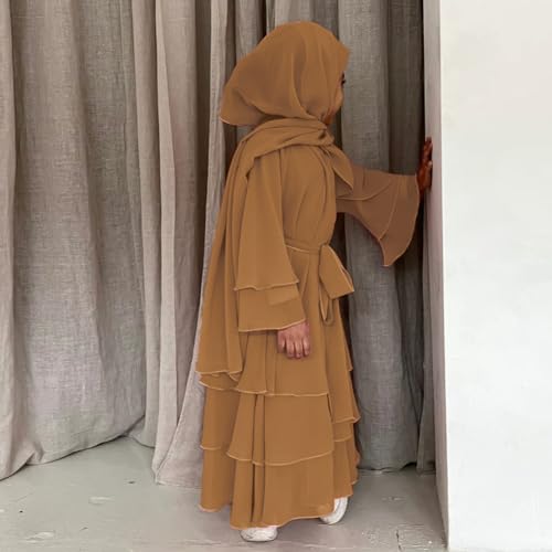 Chiffon layered Open Abaya Dubai Kaftan Muslim Cardigan Abayas Dresses For Girls Casual Robe Kimono Islam Clothing - color: Camel Brown, size: 13-14 Years