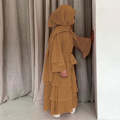 Chiffon layered Open Abaya Dubai Kaftan Muslim Cardigan Abayas Dresses For Girls Casual Robe Kimono Islam Clothing - color: Camel Brown, size: 13-14 Years