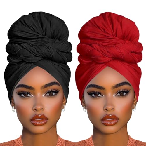 COOKOO 2 Piece Stretch Head Wraps Jersey Turban Fashion Head Scarf Long Solid Color Head Bands Ties African Hair Wraps for Women(Black+Wine Red) - color: Black+Wine Red