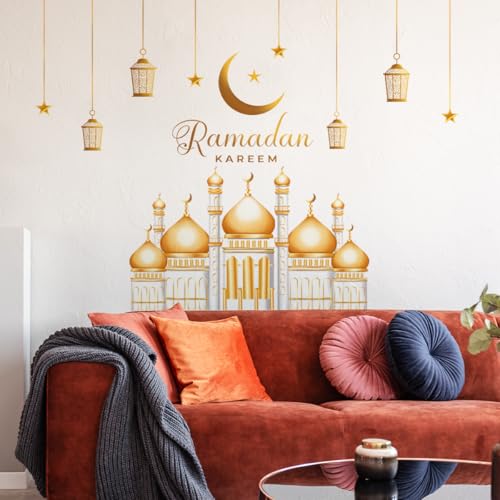 49.34 x 31.37 Inch Ramadan Kareem Wall Decal Eid Mubarak Ramadan Decor Sticker Gold Lantern Moon Star Mosque Stickers for Door Windows Living Room Bedroom Home DIY Art Decorations - color: Gold