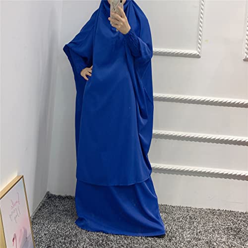 Women Muslim 2 Set Solid Color Plus Long Sleeve Thobe One-size Longuette Overall Abaya Thobe with Hoodied Hijab - color: Loyal Blue
