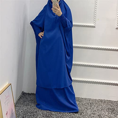 Women Muslim 2 Set Solid Color Plus Long Sleeve Thobe One-size Longuette Overall Abaya Thobe with Hoodied Hijab - color: Loyal Blue