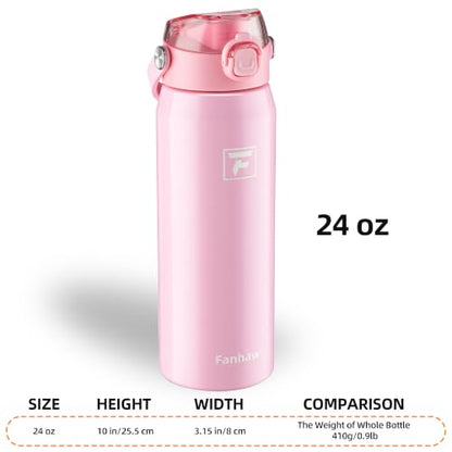 Fanhaw 24 oz Insulated Stainless Steel Water Bottle with 2-in-1 Straw& Chug Lid, Leakproof Wide Mouth Vacuum Bottle for School, Sports, Kids, Teens& Adults, Back to School Essentials (Pink) - color: Pink