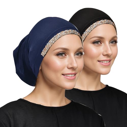 Women Slouchy Beanies Cap Soft Hijab Cap Under Scarf for Women Muslim Jersey Hijab Undercaps - color: Black5+navy5