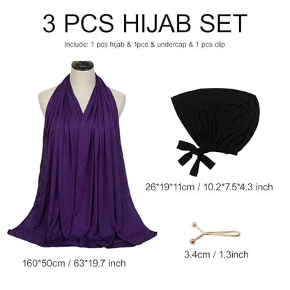 Hijab Scarf for Women, 3PCS Set with Undercap and Hijab Clip Lightweight Modal Muslim Head Wrap Scarf for Daily - color: Sy11-dark Purple Hijab+black Undercap