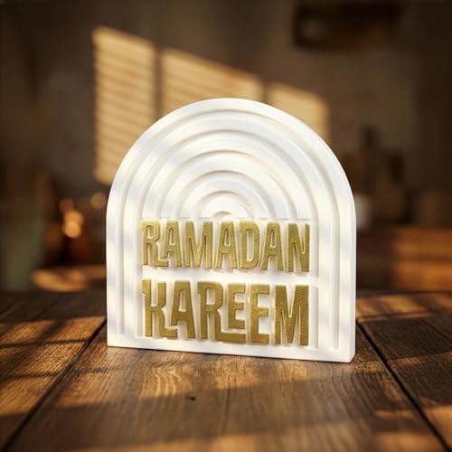 Ramadan Kareem Islamic Table Decor – Gold Edition Arabic Calligraphy for Home or Office – Unique Islamic Art Piece, Perfect for Eid, Ramadan, or Daily Inspiration – White Stone Powder Statue - style: Gold Ramadan Kareem