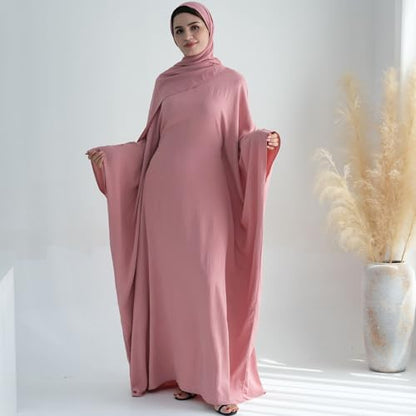 Women Muslim Abaya Dress 1Piece Bat Sleeve Islamic Maxi Robe Fashion Jilbab for Women Eid Kaftan Muslim Robe - color: Pinka, size: Medium
