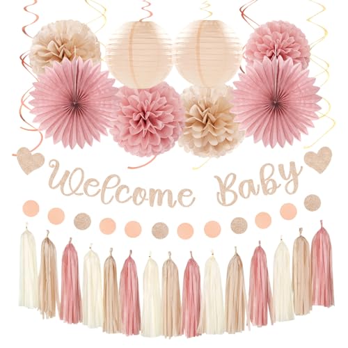 Blush-Pink Rose-Gold Fall Baby-Shower Party-Decorations - 31pcs Welcome Home Banner Sign,Neutral Paper Lanterns,Girl Streamers Garland,Boho Hanging Tissue Pom Poms Flowers Fans Backdrop Decor Burgleda - color: Blush Pink Rose Gold Baby Shower