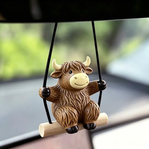 YGMONER Swinging Highland Cow Car Hanging Ornament – Holiday Favorite Farm Animal, Funny Rear View Mirror Hanging Accessories, Ideal Gift for Animal Lovers (Highland Cow) - color: Highland Cow