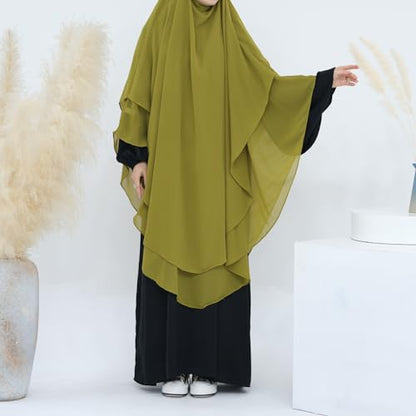 SYANKANGXIAO Ramadan Eid Khimar Abaya Turkey Islam Muslim Chiffon 2 Layers Long Hijab Dress Prayer for Women Full Cover Robe - color: Earth Yellow