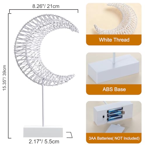 Lewondr Ramadan Decorations Moon Table Lamp, Moon Shape Rattan Ramadan Desk Lamp Battery Powered Light, Winding Thread LED Crescent Light for Home Bedroom Bedside Desktop Eid Mubarak Decorations - style: Warm White Moon