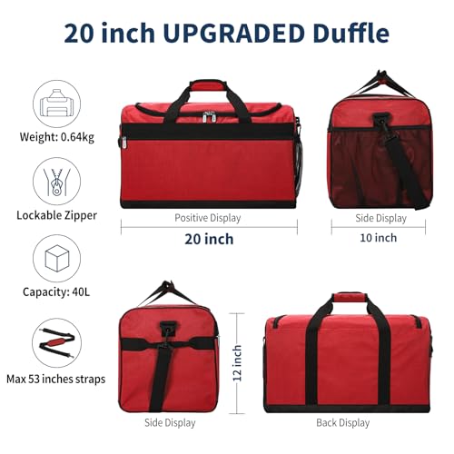 20 inch Sport Duffle Bag for Men, Red | 40L Gym Bag, Weekender Duffel Bag, Travel - color: Red