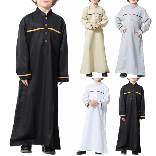Muslim Thobe for Boys Islamic Clothing Long Sleeve Kaftan 𝐑obe Arabic Dress Kids Boys Prayer Dress Ramadan Eid Outfit - color: Beige, size: 7-8 Years