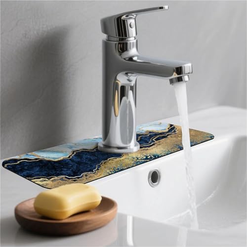 Kitchen Sink Splash Guard，Blue white black and gold marble-1 Faucet Mat Sink Gadgets-Super Absorbent Fast Drying Mat Drip Catcher for Kitchen, Bathroom,Sink Mat, Dish Drying Mat, Bathroom(15" X 5.5" ) - color: Blue white black and gold marble-1