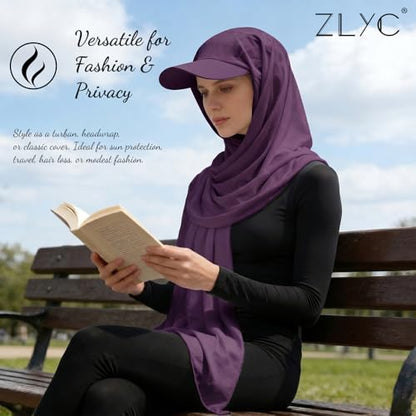 ZLYC Women Muslim Hijab Scarf with Visor Built-in Undercap Sun Protection Headwrap - color: Solid Purple