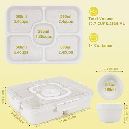 Large Snackle Box Container with Dip Container, 5 Compartments Snack Container with Lid and Handle, Veggie Fruit Divided Serving Tray for Party, Picnic, Dishwasher Safe, BPA-Free - color: White