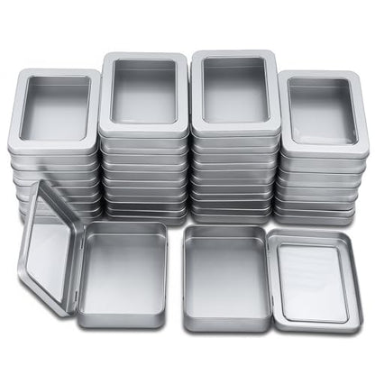 Rectangle Metal Tins with Hinged Window Lids, Silver, 24 Pieces | Hinged Window Lids, Mini Storage Organizer Set, For Home Kitchen, Office and School Supplies - color: Silver